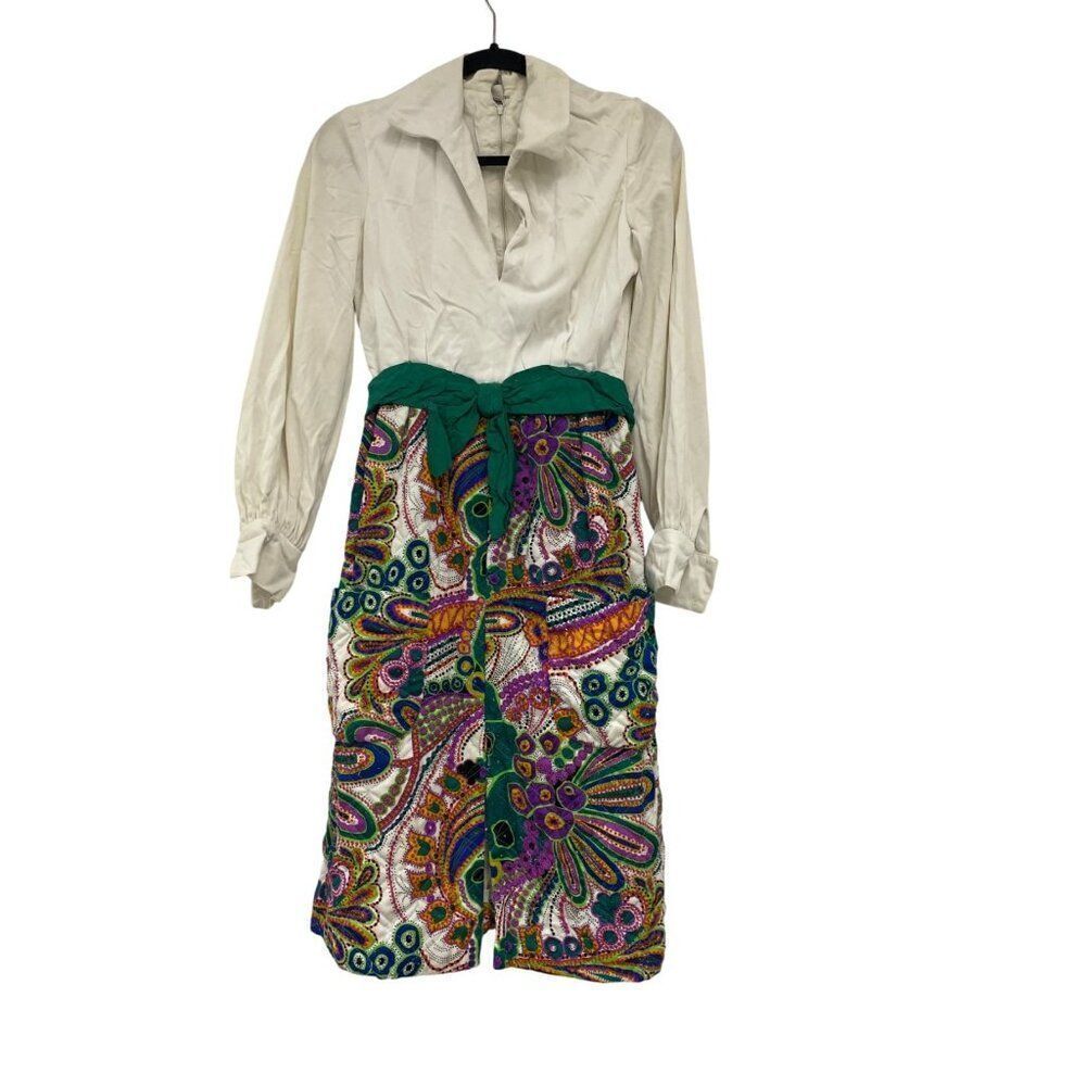 Vintage 70s Womens Quilted Dress XS Multicolor Paisley Collared Belt Knee Length
